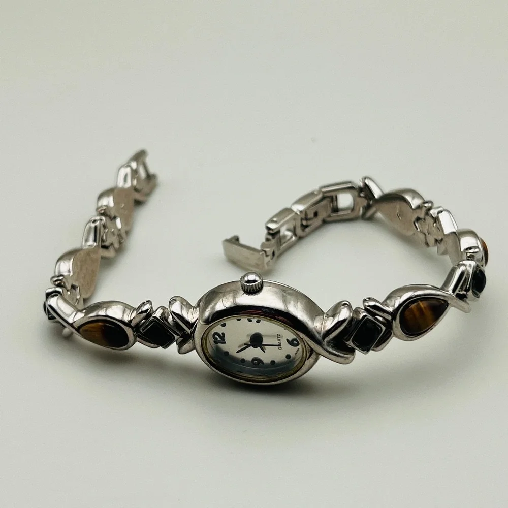 Vintage Avon Watch Tigers Eye and Onyx Silver Tone Timeless Beauty Not Running